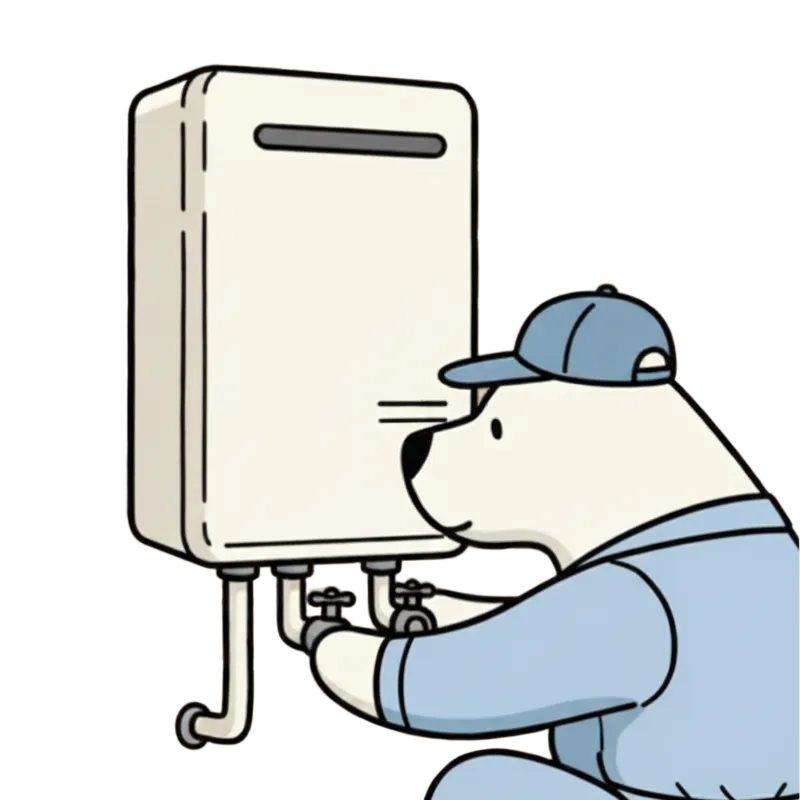 白くまが給湯器の交換をしている様子