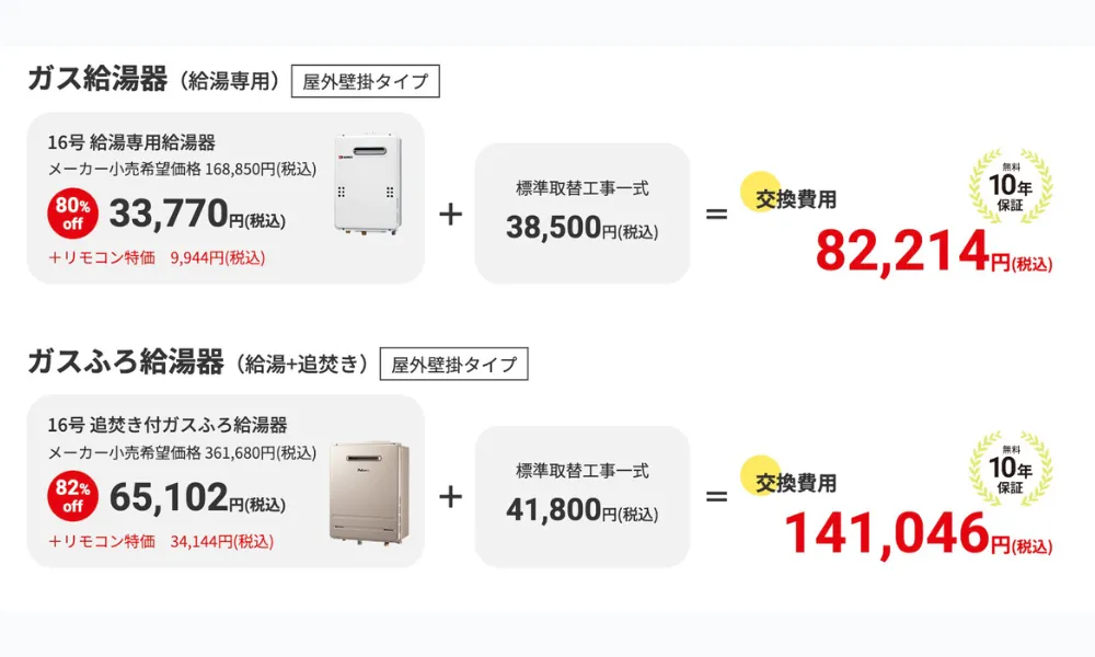 キンライサーのキンライサーのガス給湯器の交換費用例