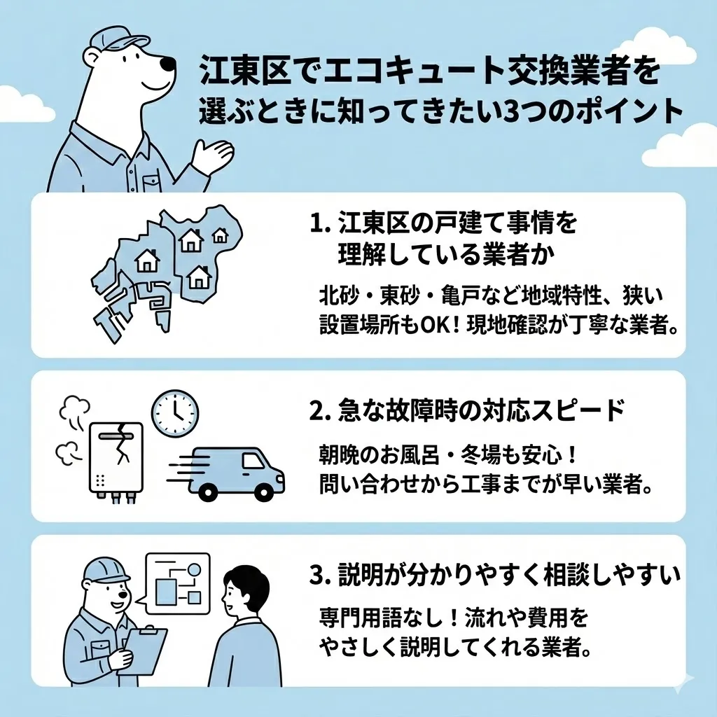 江東区でエコキュート交換業者を選ぶときに知っておきたい3つのポイント
