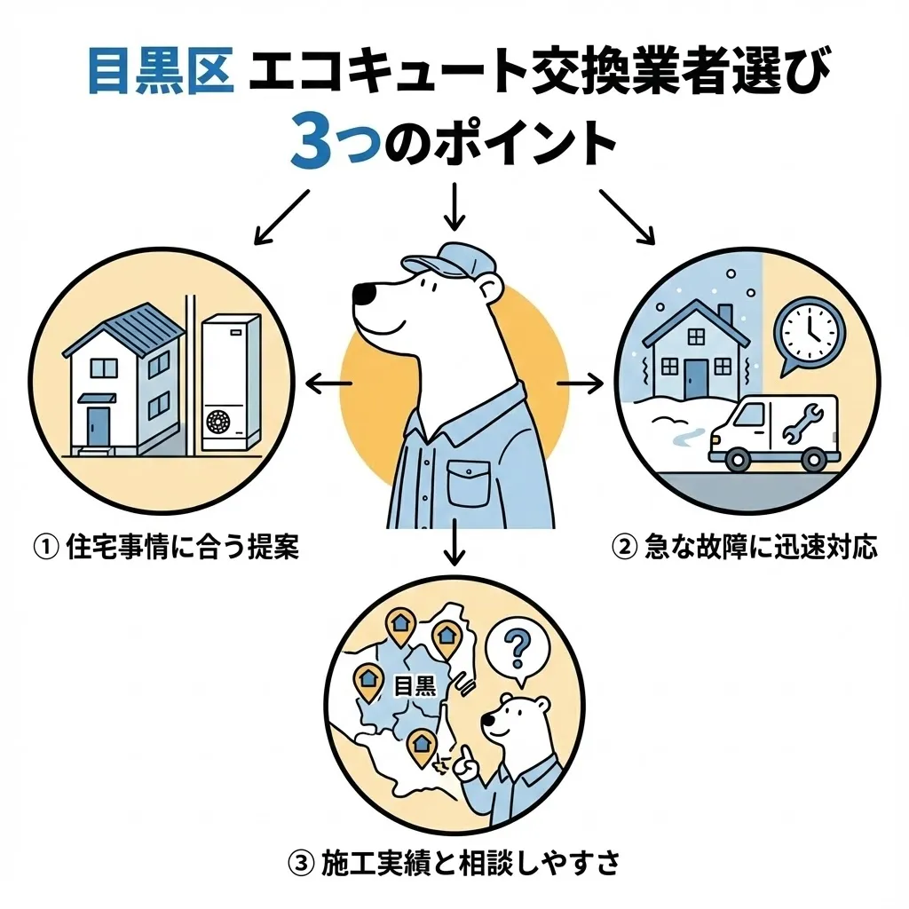 目黒区でエコキュート交換業者を選ぶときに知っておきたい3つのポイント