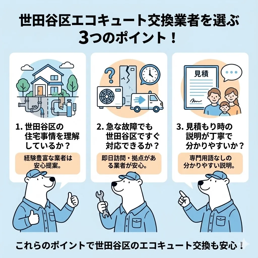 世田谷区でエコキュート交換業者を選ぶときに押さえたい3つのポイント